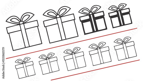 graphic representation of gift box sizes and styles in black and white isolated background.