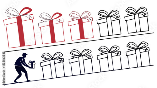 set of gift boxes vector, an illustration showing a progression of gift boxes and a figure carrying one isolated on white background.