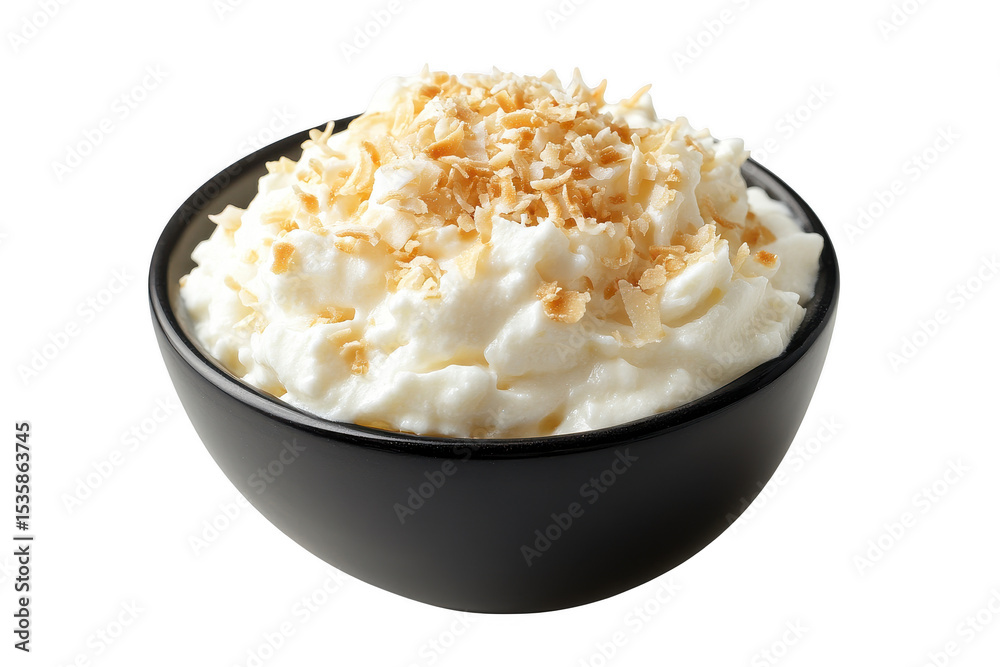 Creamy Coconut Dessert in Black Bowl isolated on a transparent background Creamy Coconut Dessert in Black Bowl isolated on a transparent background