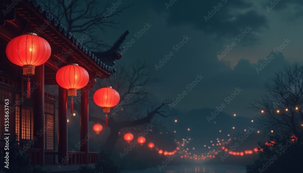 Fototapeta premium Red lanterns hanging, dark background. Asian building with red lanterns glowing at night. Chinese culture festival or islamic celebration event. Holiday decoration for greeting card.