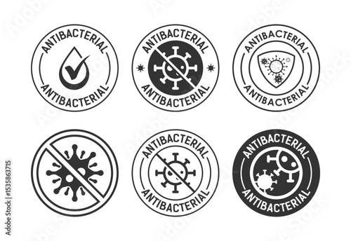 Antibacterial icon set design, Hygiene label symbol for product packaging black on white background