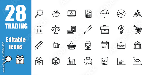 Trading business finance market investment stock exchange money currency editable icons vector illustration