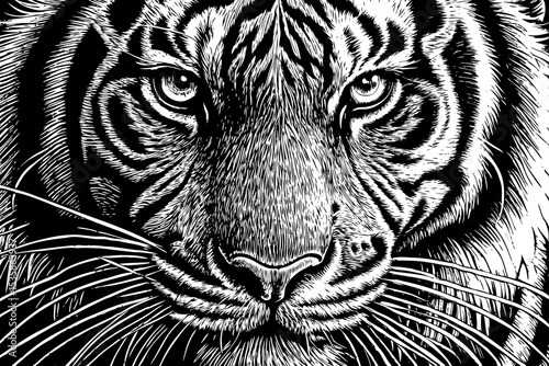 tiger's face with piercing eyes and sharp stripes black and white sketch vector best for tattoo