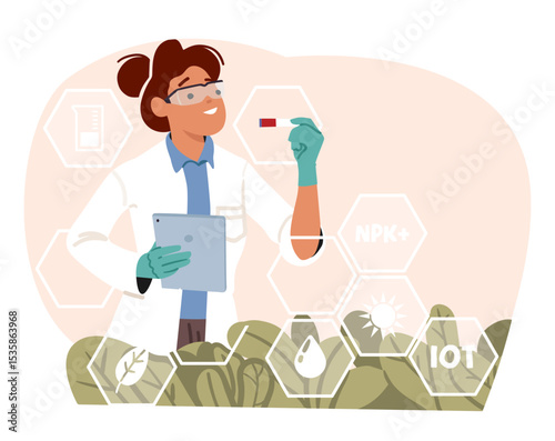 Woman scientist performing biological experiments studying natural plants quality cartoon scene