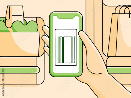 Smartphone scanning groceries, a digital payment method, for modern shopping convenience