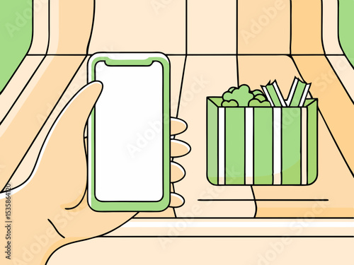 Smartphone in hand, displaying blank screen, near grocery bag, for online shopping apps