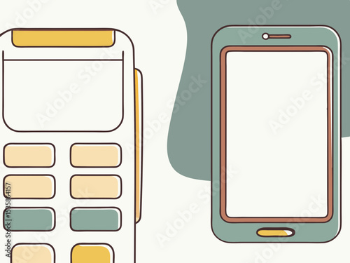 Mobile payment terminal and smartphone, pastel colors, for online shopping apps.