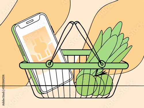 Smartphone in shopping basket with groceries, for mobile payment apps,  with copy space