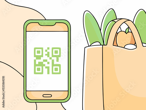 Smartphone displaying QR code for grocery payment, a modern shopping illustration, with copy space