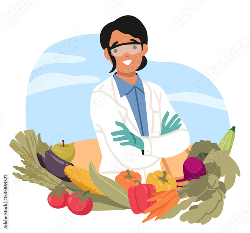 Woman scientist surrounded by abundance of natural organic products of smart agricultural farm