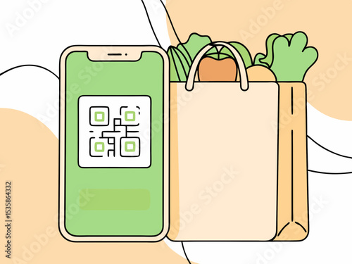 Smartphone displaying QR code for grocery payment, with copy space