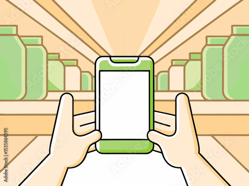 Smartphone grocery shopping app, convenient payment, aisle view, for online advertising