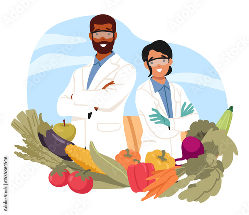 Team of agricultural scientist posing with natural organic vegetables and greenery harvest