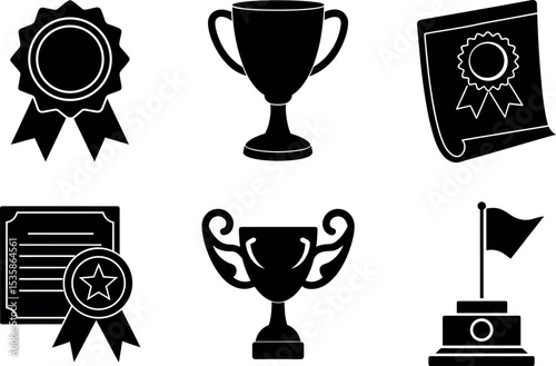 Awards and achievements symbols black silhouette vector illustration