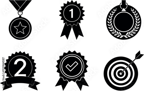 Collection of awards medals and target silhouette vector illustration