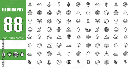Geography icons editable vector set featuring trees mountains earth and weather elements for design and maps