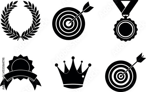 Collection of awards crown and target silhouette vector illustration