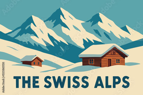 Snow-covered Swiss Alps with Cozy Cabins.eps