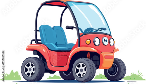Vsai red golf cart parked on grass with blue seats