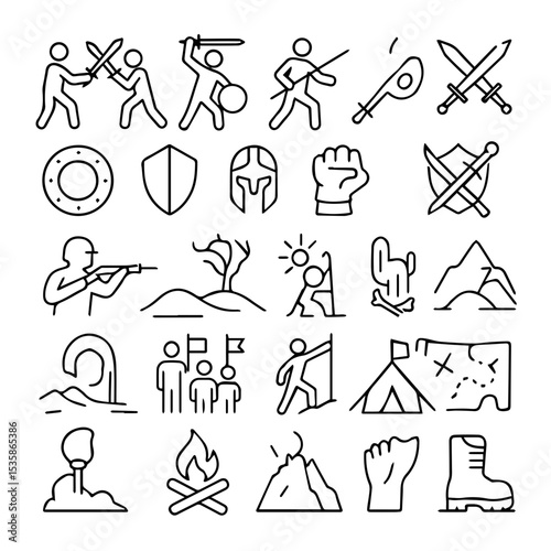 Action and Warrior icon set | Adjustable and editable in line | Two man dueling icon, Man holding wsord overhead, Warrior blocking with shield, Cross sword icon, Broken sword icon, Round shield icons.