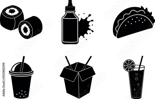 Various food and drink items black silhouette vector illustration