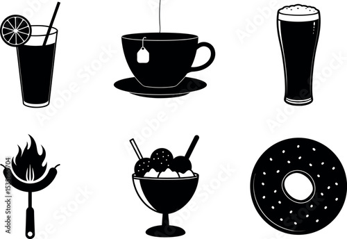 Assorted food and drinks black silhouette vector illustration