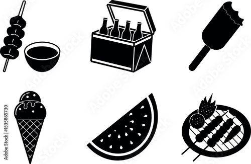 Assorted summer food and drink items silhouette vector illustration