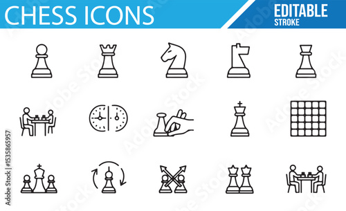 Editable Stroke Chess Icons for Game Strategy, Board Game, and Tournament Design

