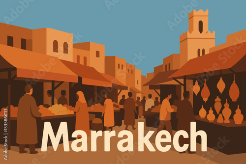 Bustling Streets of Marrakech with Market Stalls and Lamps