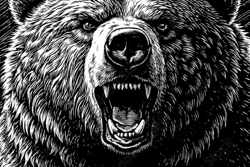 grizzly bear growling, showing sharp teeth black and white sketch vector best for tattoo