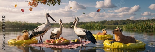 Whimsical Summer Picnic Scene with Playful Pelicans and Dogs Floating on River Under Sunny Skies
