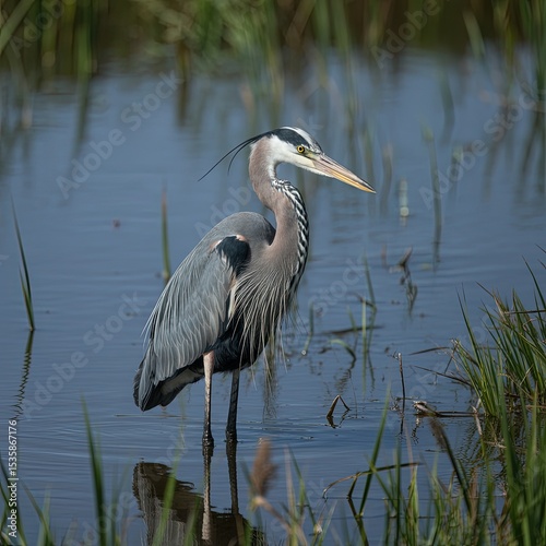 Graceful Great Blue Heron Standing in Calm Wetland Waters Among Green Reeds on Sunny Day