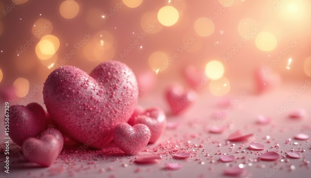 Obraz premium Pink Valentine hearts arrangement on golden bokeh lights background. Love, romance concept. Tender romantic design for greeting cards. Perfect holiday design for February 14. Passionate holiday