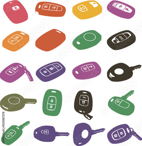 A comprehensive vector illustration set of modern car and bike keys with remote fobs, perfect for automotive, security, and technology designs. Accessible collection.
