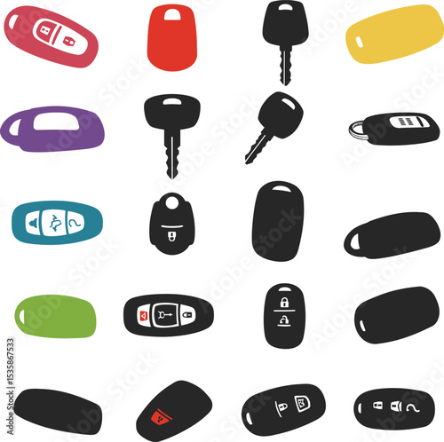 A comprehensive vector illustration set of modern car and bike keys with remote fobs, perfect for automotive, security, and technology designs. Accessible collection.