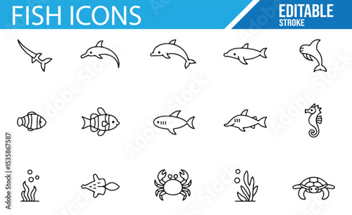 Fish Icons for Ocean, Aquatic Animals, and Marine Life Illustrations