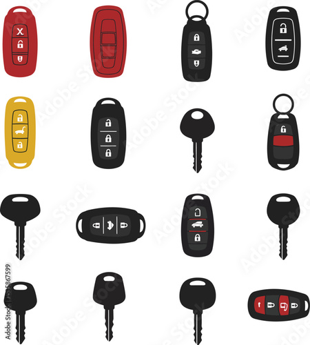 A comprehensive vector illustration set of modern car and bike keys with remote fobs, perfect for automotive, security, and technology designs. Accessible collection.