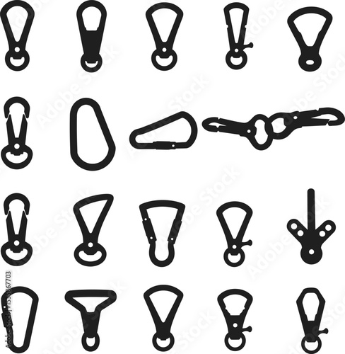 A versatile vector illustration set of colorful carabiner clips and keychains with various shapes, ideal for outdoor, security, and sports designs. Functional collection.