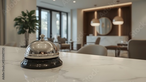Closeup of polished hotel bell with blurred modern reception background