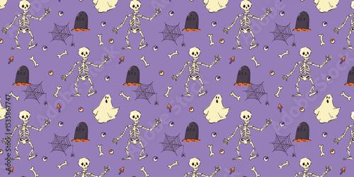 Seamless Halloween pattern featuring dancing skeletons, spooky ghosts, tombstones, spiderwebs, eyeballs, mushrooms, and bones on a purple background.