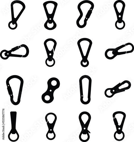 A versatile vector illustration set of colorful carabiner clips and keychains with various shapes, ideal for outdoor, security, and sports designs. Functional collection.