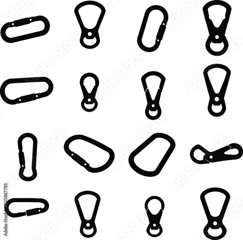 A versatile vector illustration set of colorful carabiner clips and keychains with various shapes, ideal for outdoor, security, and sports designs. Functional collection.