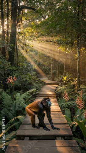 Majestic Monkey on Wooden Pathway in Sunlit Tropical Rainforest with Lush Greenery and Exotic Flora