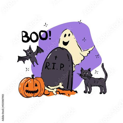 Hand-drawn Halloween illustration featuring a smiling ghost, tombstone with R.I.P. , jack-o -lantern, black cat, bat, and bones.
