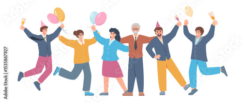 Business team success. Happy office workers celebrating. Corporate party, people in formal clothes with balloons and drinks. Vector characters illustration isolated.