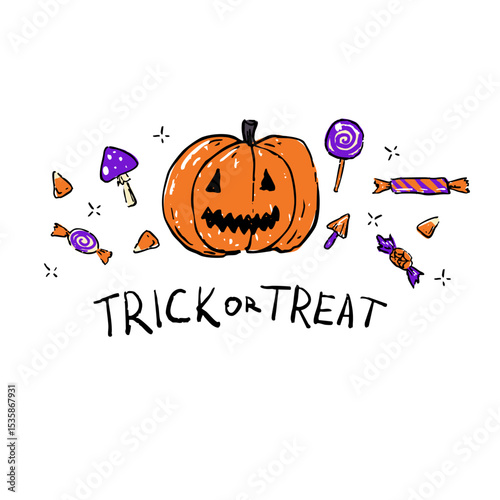 Cute and festive Halloween illustration with a smiling jack-o -lantern, colorful candies, mushrooms, and Trick or Treat text.