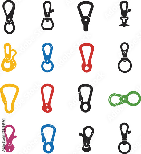 A versatile vector illustration set of colorful carabiner clips and keychains with various shapes, ideal for outdoor, security, and sports designs. Functional collection.