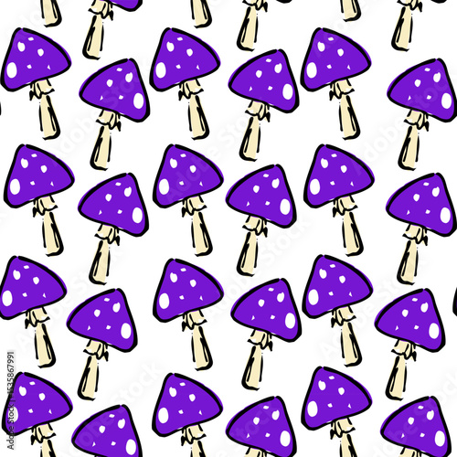 Hand-drawn seamless pattern featuring spooky purple mushrooms with white spots on a white background.