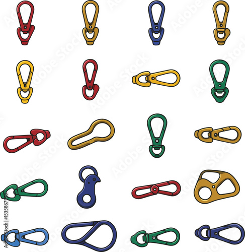 A versatile vector illustration set of colorful carabiner clips and keychains with various shapes, ideal for outdoor, security, and sports designs. Functional collection.