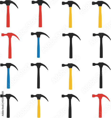 A comprehensive vector illustration set of claw hammers and various striking tools, ideal for construction, DIY, and handyman design projects. Essential toolkit.